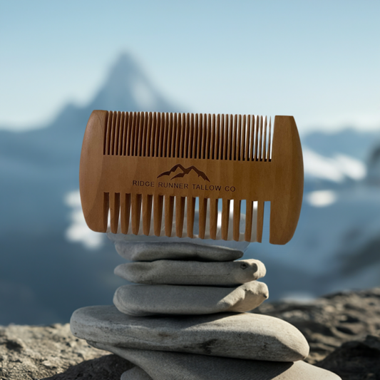 wooden beard comb, stacked rocks