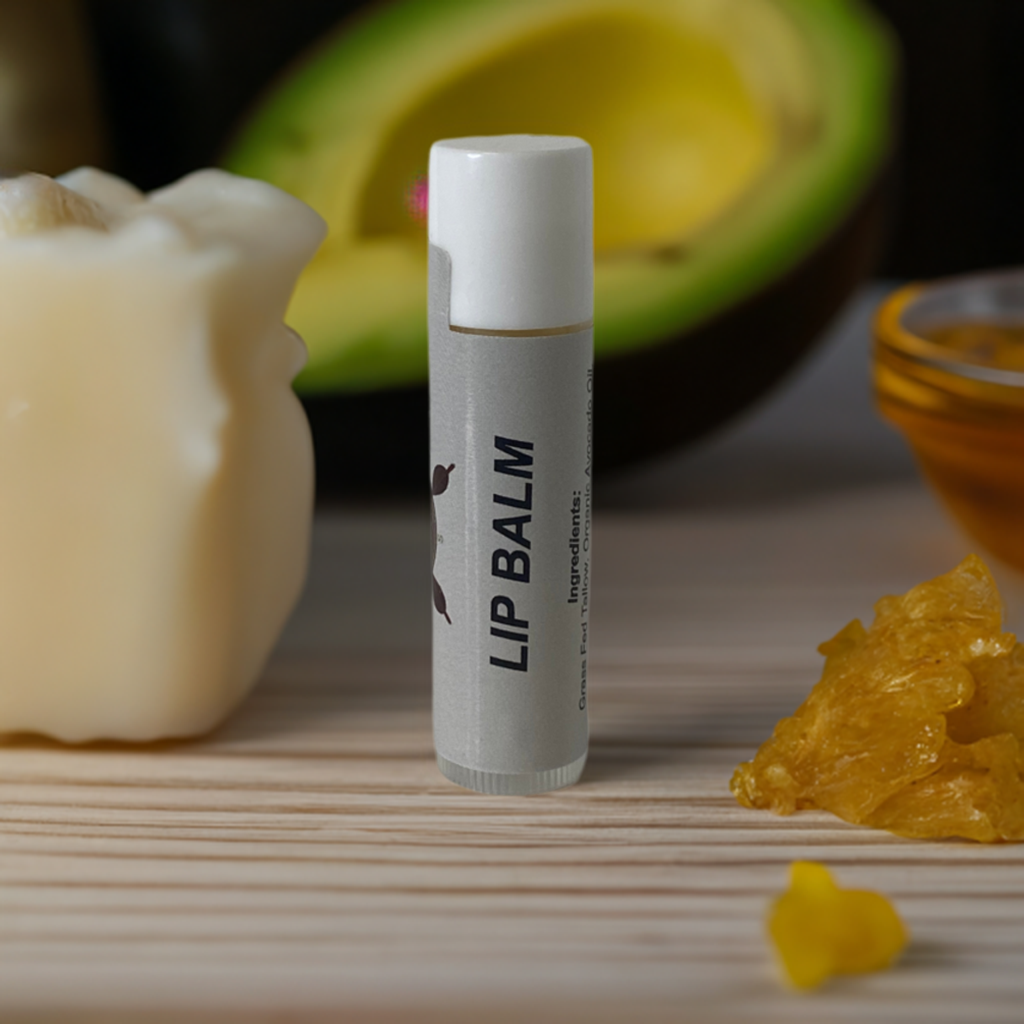 Tallow lip balm, tallow avocado beezwax view